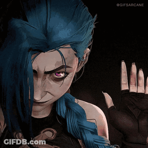 Jinx From Arcane With Purple Eyes And Blue Hair GIF