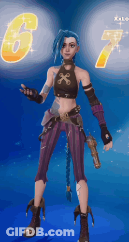 Jinx From League Of Legends Standing In Front Of A Number 6 And 7 GIF