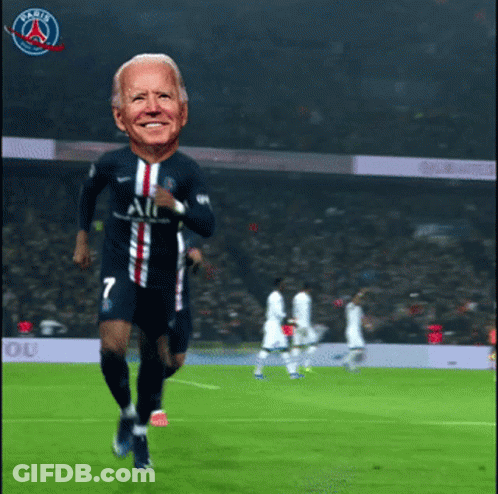 Joe Biden Is Running On A Soccer Field With The Paris Saint-Germain Logo Behind Him GIF