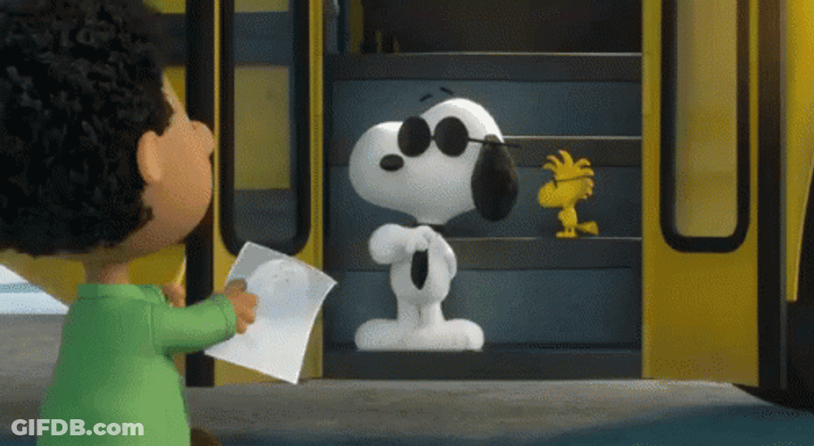 Joe Cool And Woodstock On Bus Stairs GIF