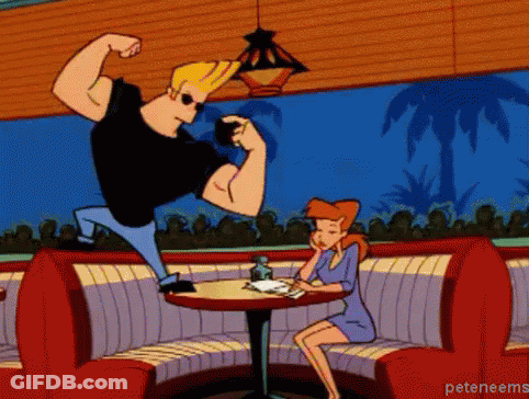 Johnny Bravo Flexing Muscles In Diner GIF