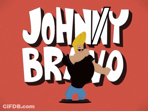 Johnny Bravo Standing In Front Of Red Background GIF