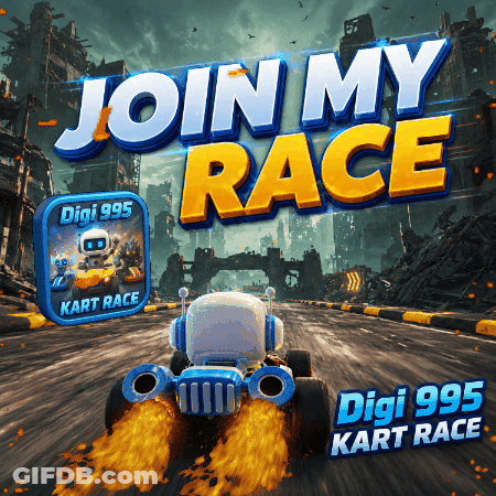 Join My Race Sign With Robot Driving Kart GIF