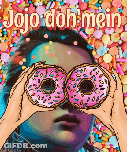 JoJo Doh Mein Poster Girl Looking Through Two Donuts GIF