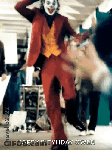 Joker In Red Suit Dancing Happy Birthday Owen GIF