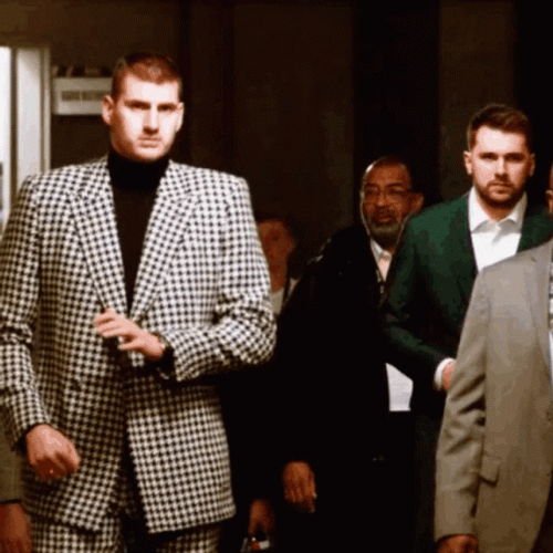 Jokic Suited Up Walking With Luka GIF