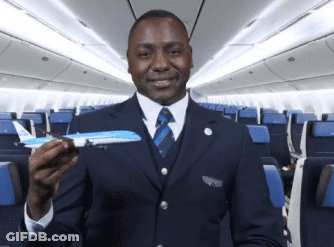 Jolly Flight Attendant Flying Tiny Airplane GIF
