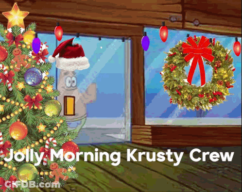 Jolly Morning Krusty Crew With A Christmas Tree And A Wreath GIF