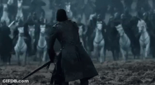 Jon Snow Is Holding A Sword In Front Of A Huge Army Of Horses . GIF