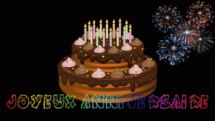 Joyeux Anniversaire Cake And Blinking Fireworks GIF