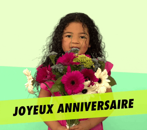 Joyeux Anniversaire Little Girl With Flowers Greeting GIF
