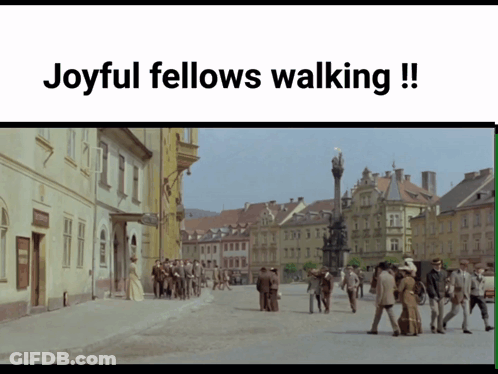 Joyful Fellows Walking Sign With City GIF