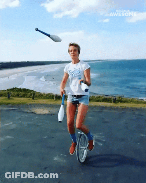 Juggling Pins Riding Unicycle GIF