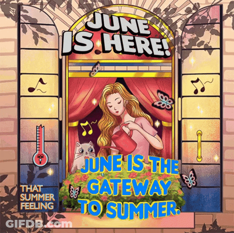 June Is Here Poster Woman Watering Flowers GIF