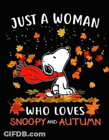 Just A Woman Who Loves Snoopy And Autumn Is Shown On A Black Background GIF