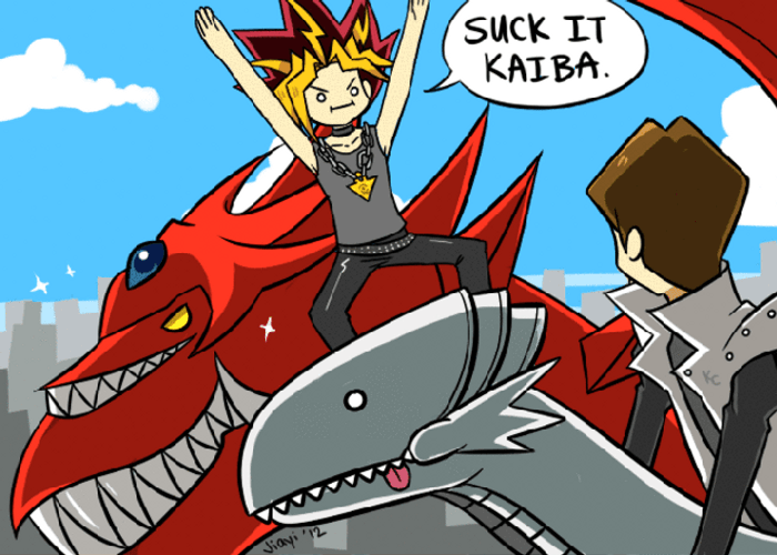 Kaiba And Yugi Riding Dragons GIF
