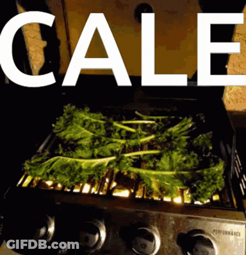 Kale Being Cooked On Grill With Word Cale GIF