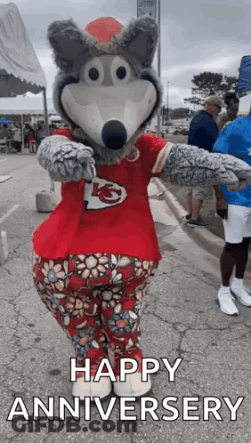 Kansas City Chiefs Mascot In Red Shirt And Floral Pajamas GIF