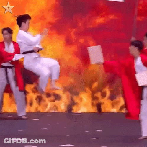 Karate Fighters Performing In Front Of Flames GIF