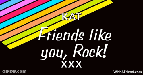 Kat Friends Like You Rock Xxx On A Black Background With Rainbow Stripes GIF