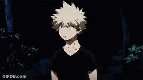 Katsuki Bakugo From My Hero Academia Is Wearing A Black Shirt And Making A Funny Face In The Dark . GIF