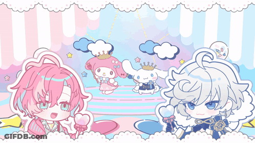 Kawaii Word On Pink And Blue Background With Cartoon Characters GIF