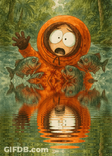 Kenny From South Park Surrounded By Piranhas GIF