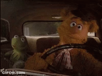 Kermit And Fozzie Bear Are Sitting In The Back Seat Of A Car . GIF