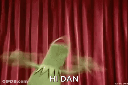 Kermit Frog Dancing By Red Curtain Saying Hi Dan GIF