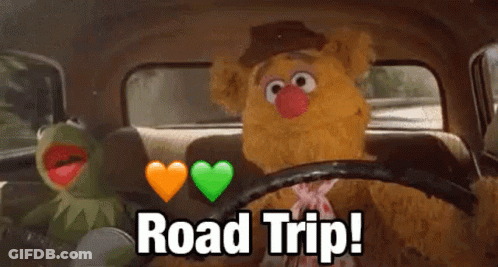 Kermit The Frog And Fozzie Bear Are Driving A Car And Saying `` Road Trip ! '' GIF