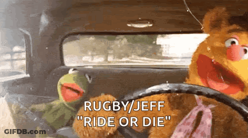 Kermit The Frog And Fozzie Bear Are Driving In A Car And Saying " Rugby / Jeff Ride Or Die " GIF