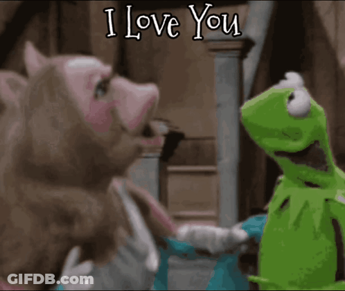 Kermit The Frog And Miss Piggy Are Standing Next To Each Other With The Words I Love You Above Them GIF