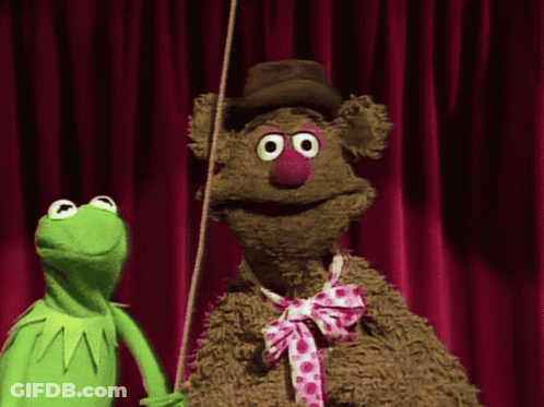 Kermit The Frog And Mr. Fozzie Bear Are Standing Next To Each Other In Front Of A Red Curtain GIF