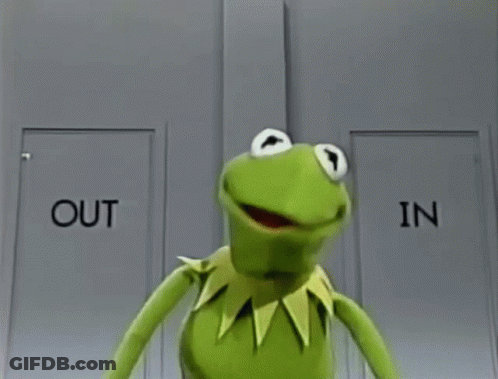 Kermit The Frog And Sesame Street Characters Standing In Front Of A Door That Says Out GIF