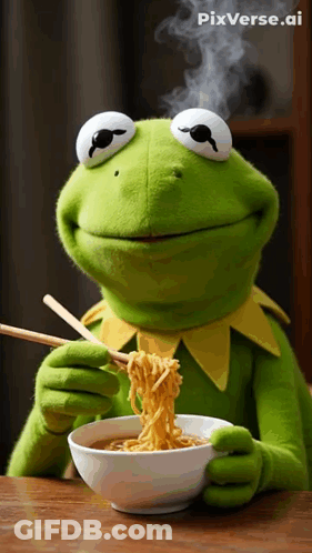 Kermit The Frog Eating Noodles With Chopsticks From A Bowl GIF