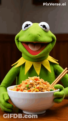 Kermit The Frog Holding A Bowl Of Rice And Chopsticks GIF