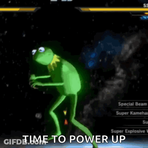 Kermit The Frog In A Video Game With The Words Time To Power Up Above Him GIF