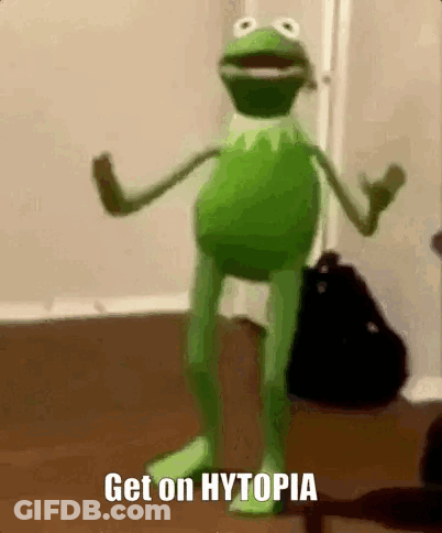 Kermit The Frog Is Dancing In A Room With The Words Get On Hytopia On The Bottom GIF