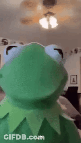 Kermit The Frog Is Looking At The Camera In A Living Room With A Ceiling Fan . GIF