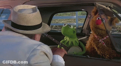 Kermit The Frog Is Playing A Banjo In A Car While Mr. Fozzie Bear Looks On GIF