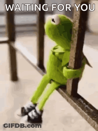 Kermit The Frog Is Sitting On A Railing And Hugging A Railing . GIF
