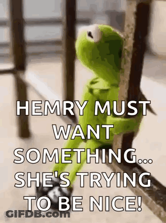 Kermit The Frog Is Sitting On A Railing And Says `` Hemry Must Want Something ... She 'S Trying To Be Nice ! GIF