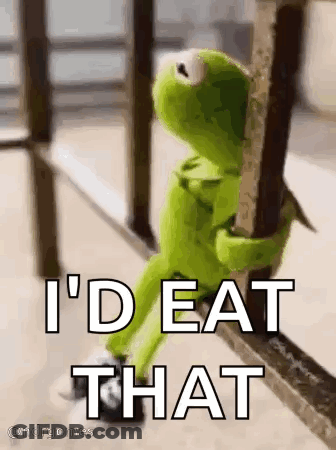 Kermit The Frog Is Sitting On A Railing Holding A Railing And Says `` I 'D Eat That '' . GIF