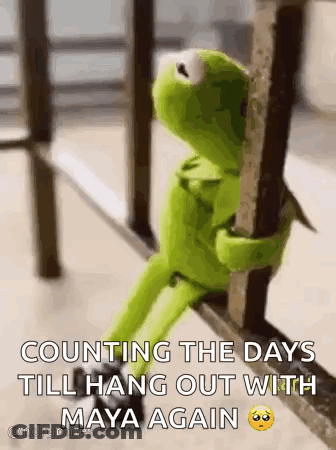 Kermit The Frog Is Sitting On A Railing Holding Onto A Railing And Counting The Days Till Hang Out With Maya Again GIF