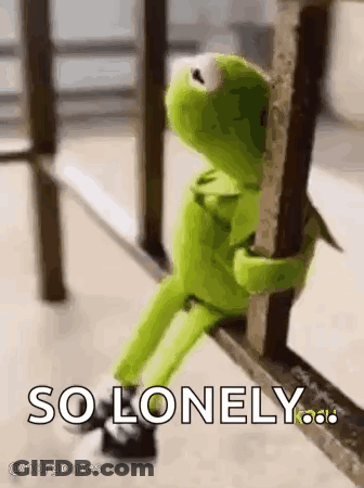 Kermit The Frog Is Sitting On A Railing Holding Onto A Railing And Saying `` So Lonely '' . GIF