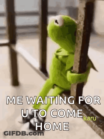 Kermit The Frog Is Sitting On A Railing Holding Onto A Railing . GIF