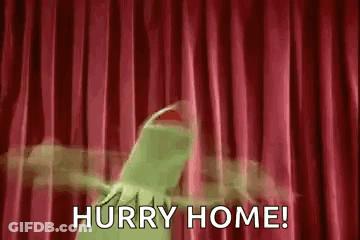 Kermit The Frog Is Standing In Front Of A Red Curtain And Saying `` Hurry Home '' . GIF