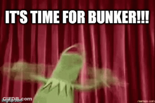 Kermit The Frog Is Standing In Front Of A Red Curtain And Saying `` It 'S Time For Bunker !! '' GIF