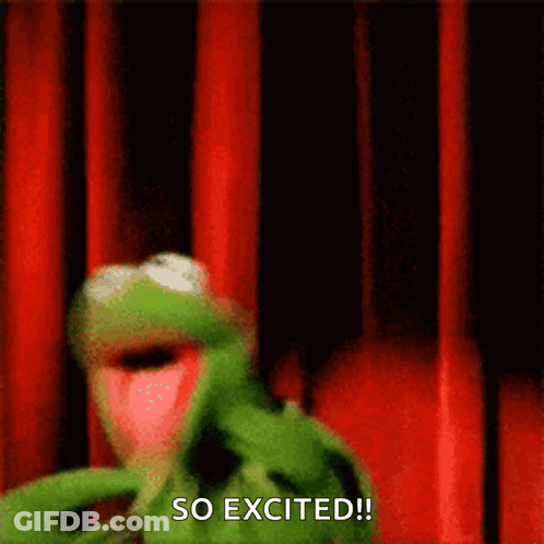 Kermit The Frog Is Standing In Front Of A Red Curtain And Says So Excited . GIF