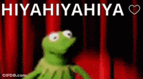 Kermit The Frog Is Standing In Front Of A Red Curtain With The Words Hiyahiyahya In White Letters GIF